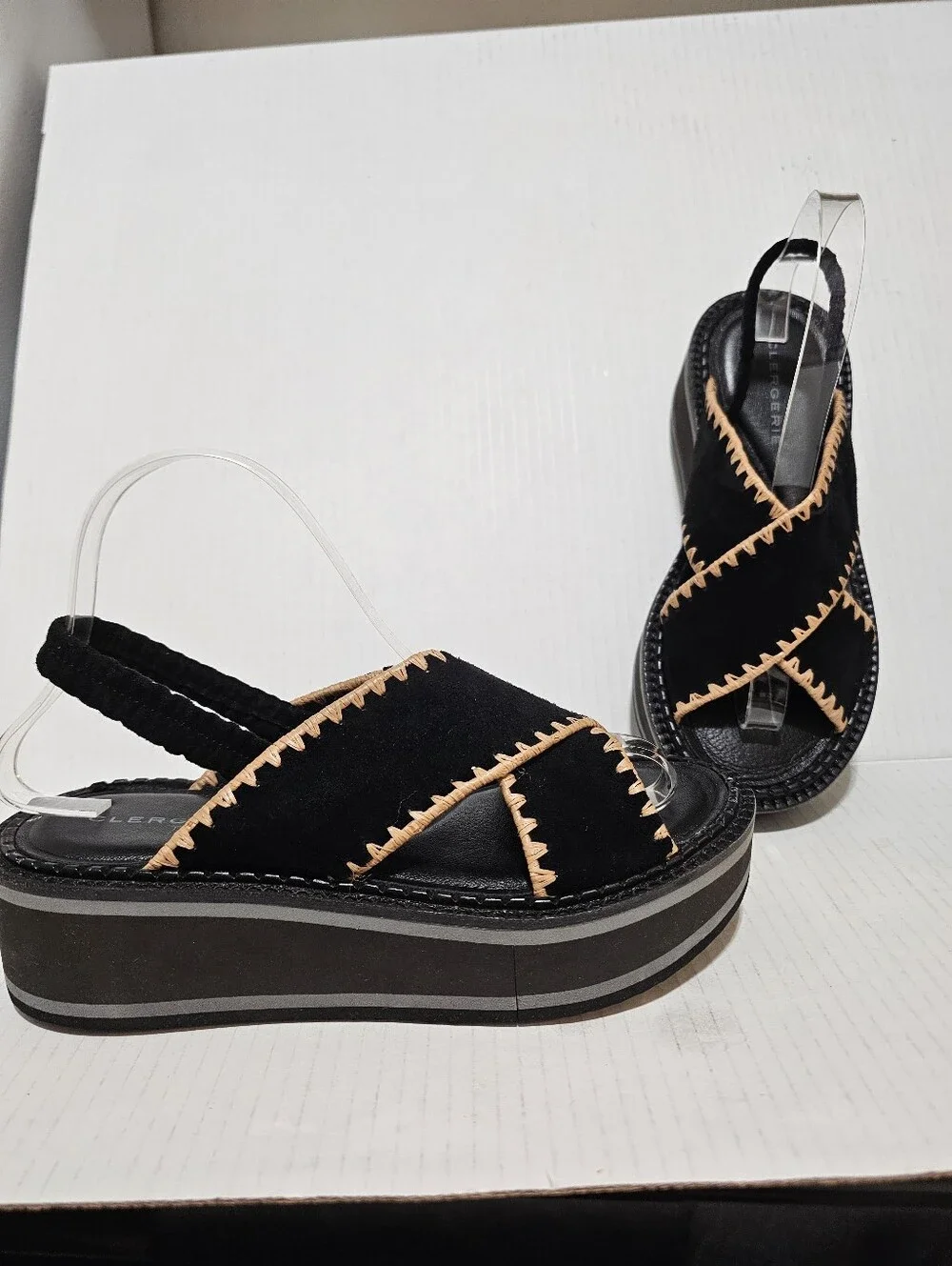 Clergerie Paris Freedom Black Suede Platform Slingback Sandals Whipstitch Sz 37